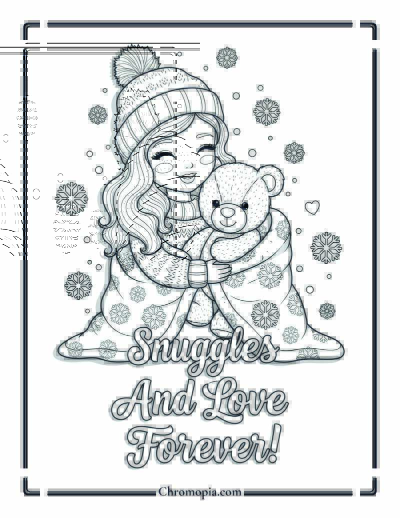 Cute Woman and Teddy Sharing Cozy Blanket Coloring Page