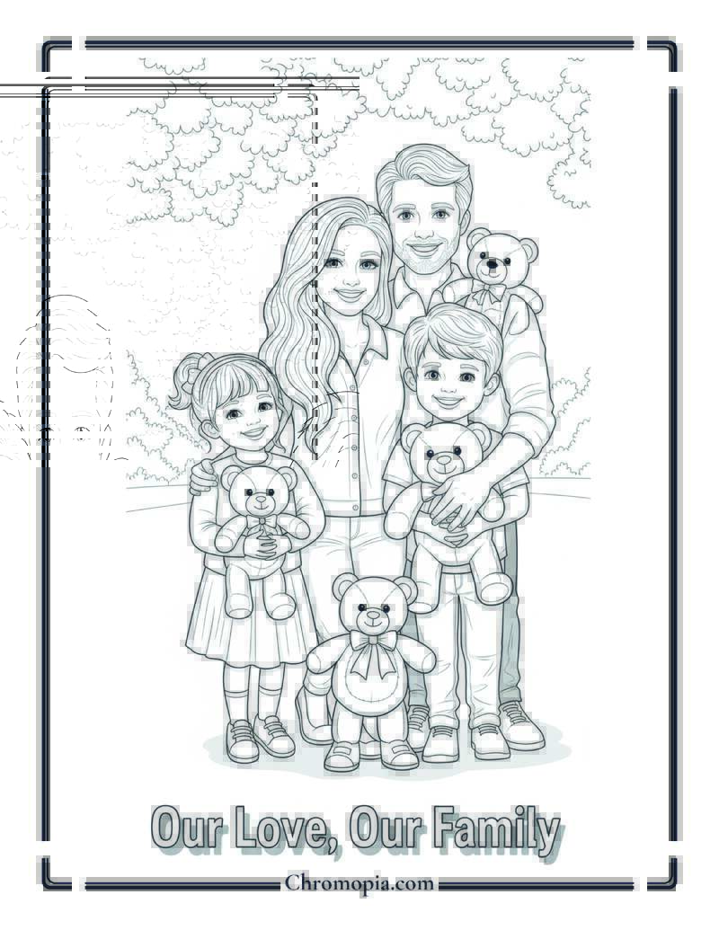 Family Time with Kids and Teddy Coloring Page