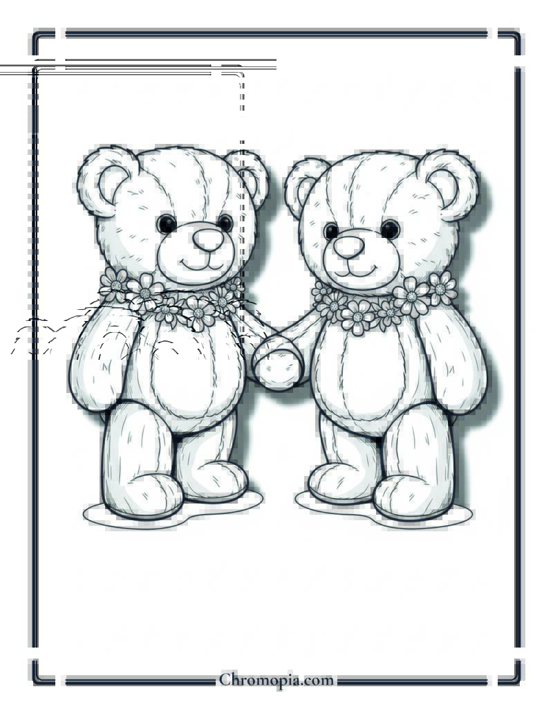 Two Teddy Friends Holding Hands Coloring Sheet
