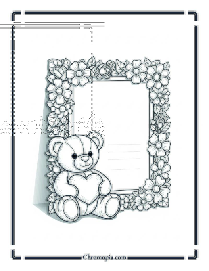 Elegant Floral Frame Teddy Day Card Coloring Page