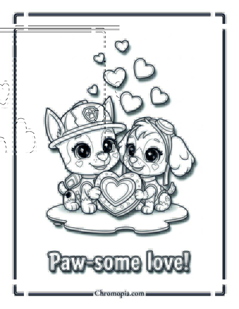 Chibi Kawaii Style Paw Patrol Valentine’s Day Coloring Page