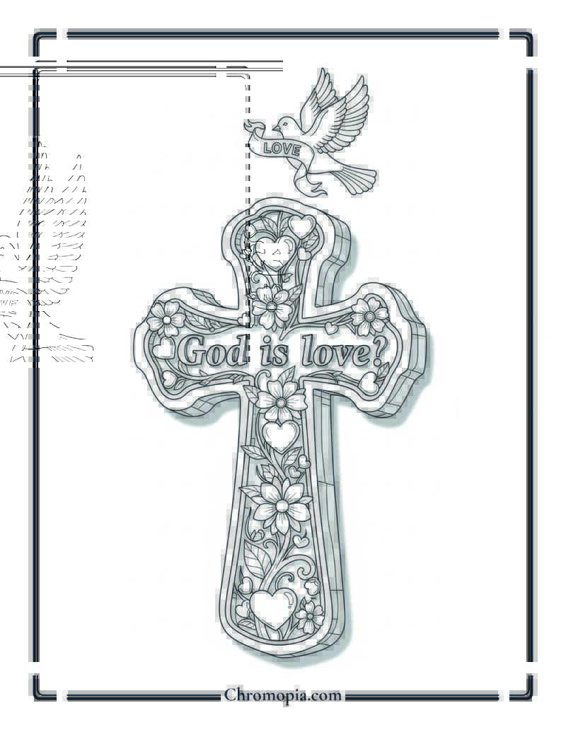 Christian Cross with Hearts Coloring Page
