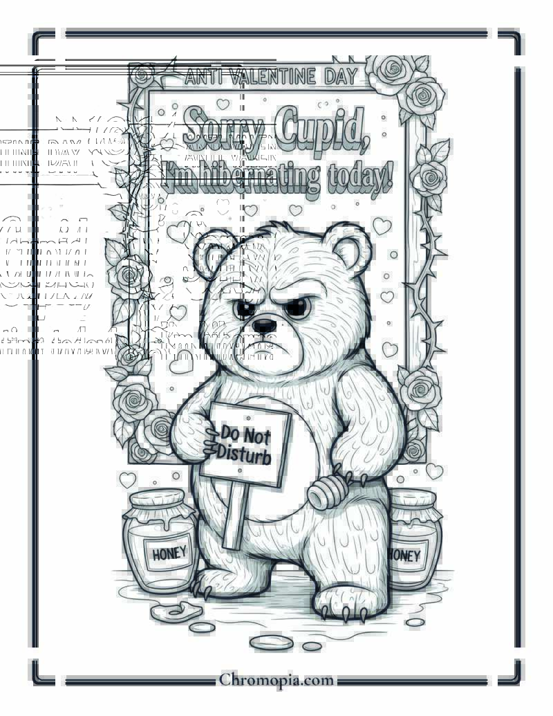 Anti Valentine’s Day Grumpy Bear Coloring Sheet