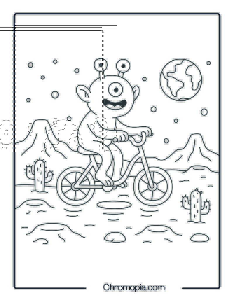 Alien Riding a Hover Bicycle Over Mars – Bicycle Coloring Page