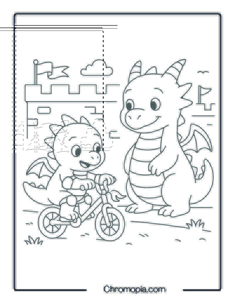 Baby Dragon Learning to Ride a Bicycle – Bicycle Coloring Page