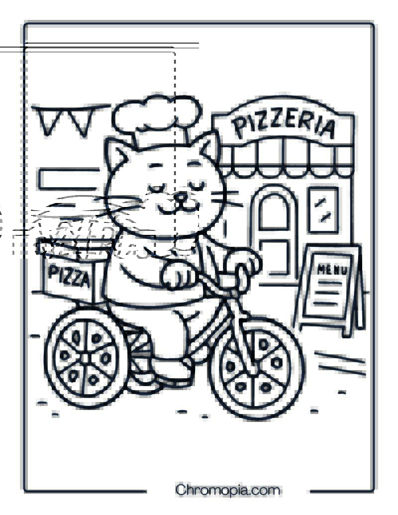 Cat Chef Riding a Pizza Delivery Bicycle – Bicycle Coloring Page