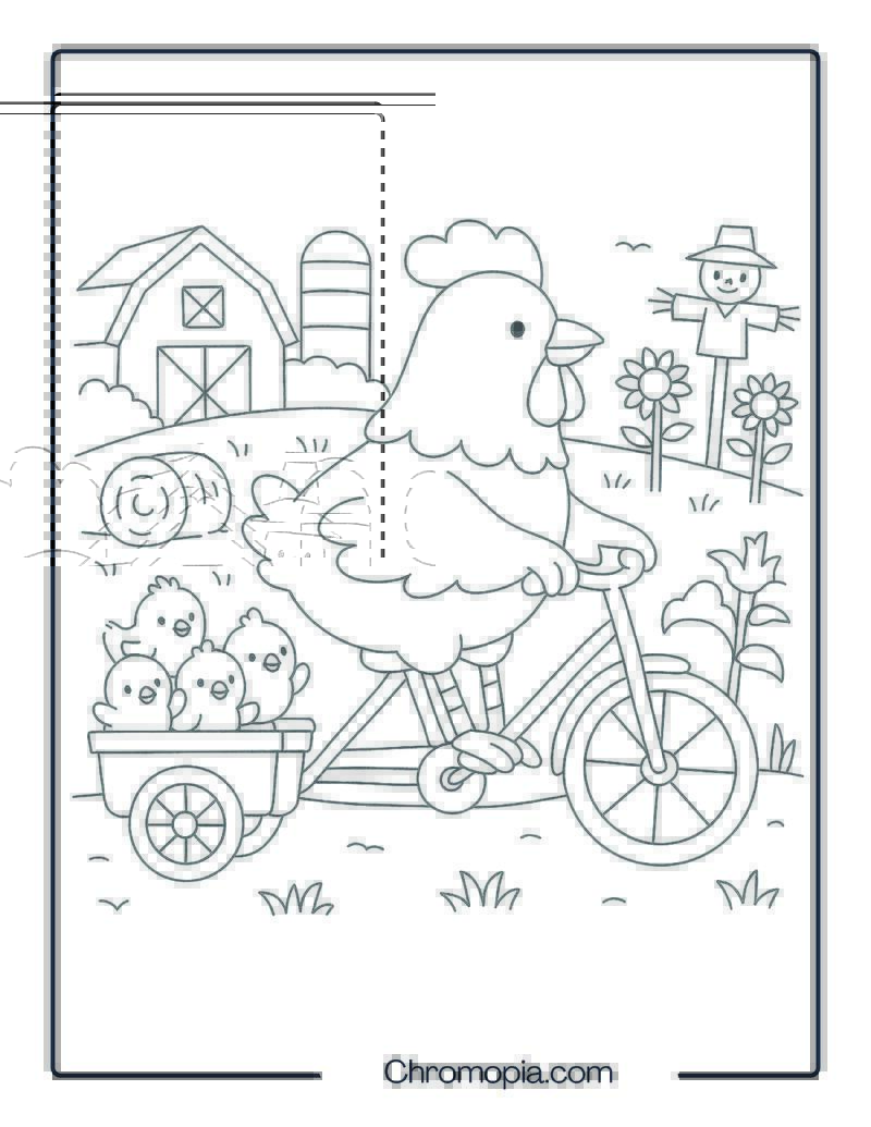 Chicken and Chicks on Farm Bicycle – Bicycle Coloring Page