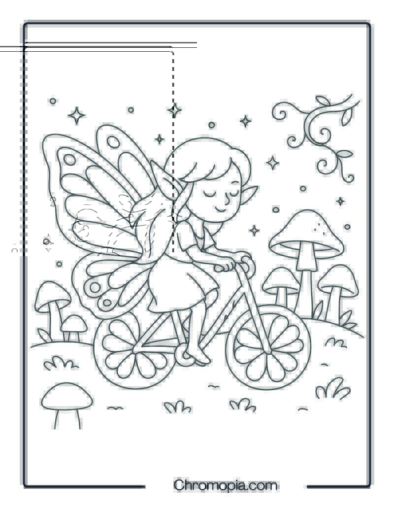 Fairy on Butterfly-Winged Bicycle – Bicycle Coloring Page