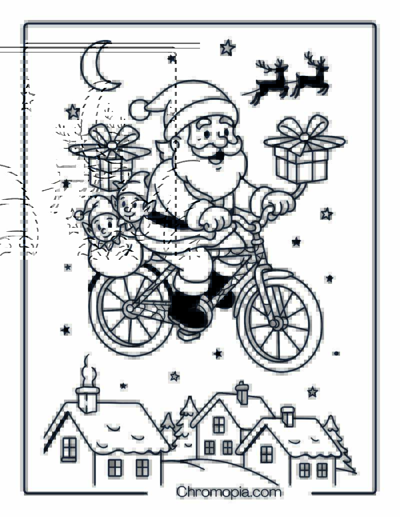 Flying Santa on Gift-Powered Bicycle – Bicycle Coloring Page