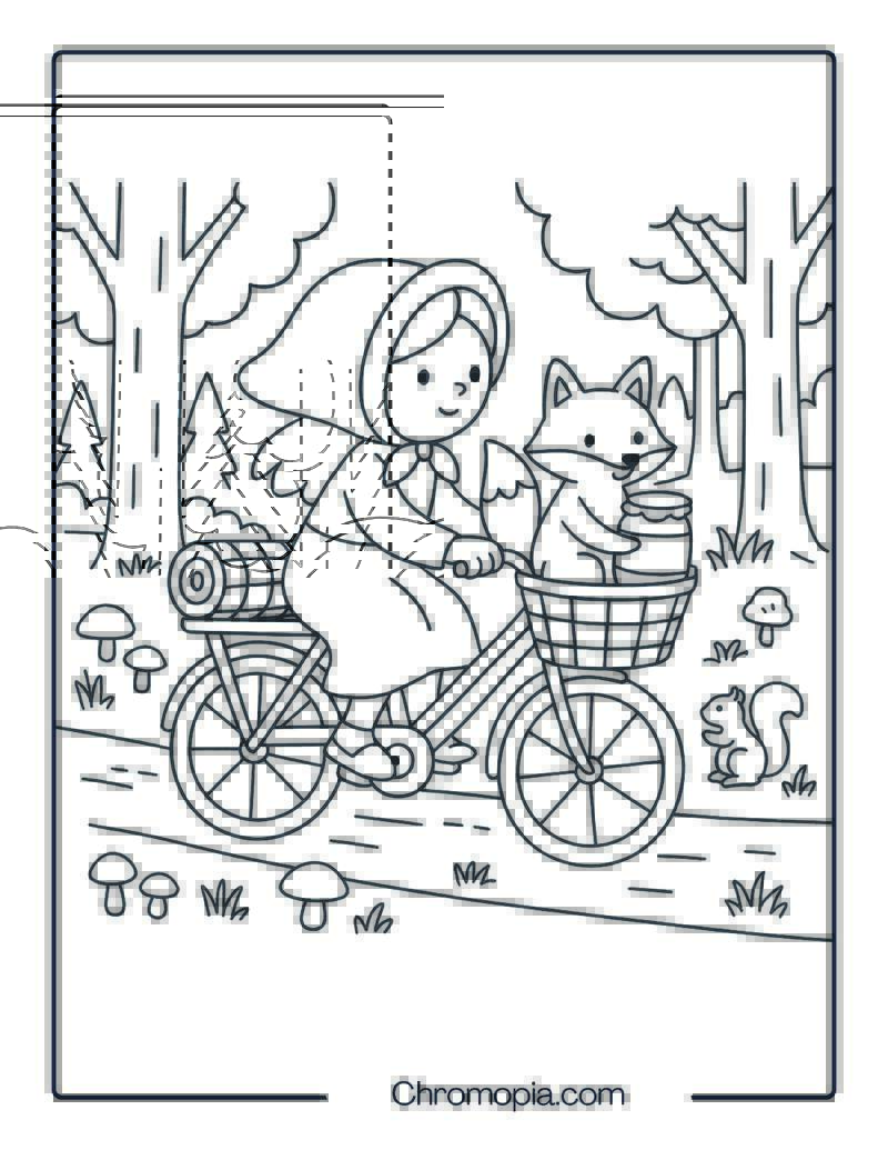 Girl and Fox on Woodland Picnic Bicycle – Bicycle Coloring Page