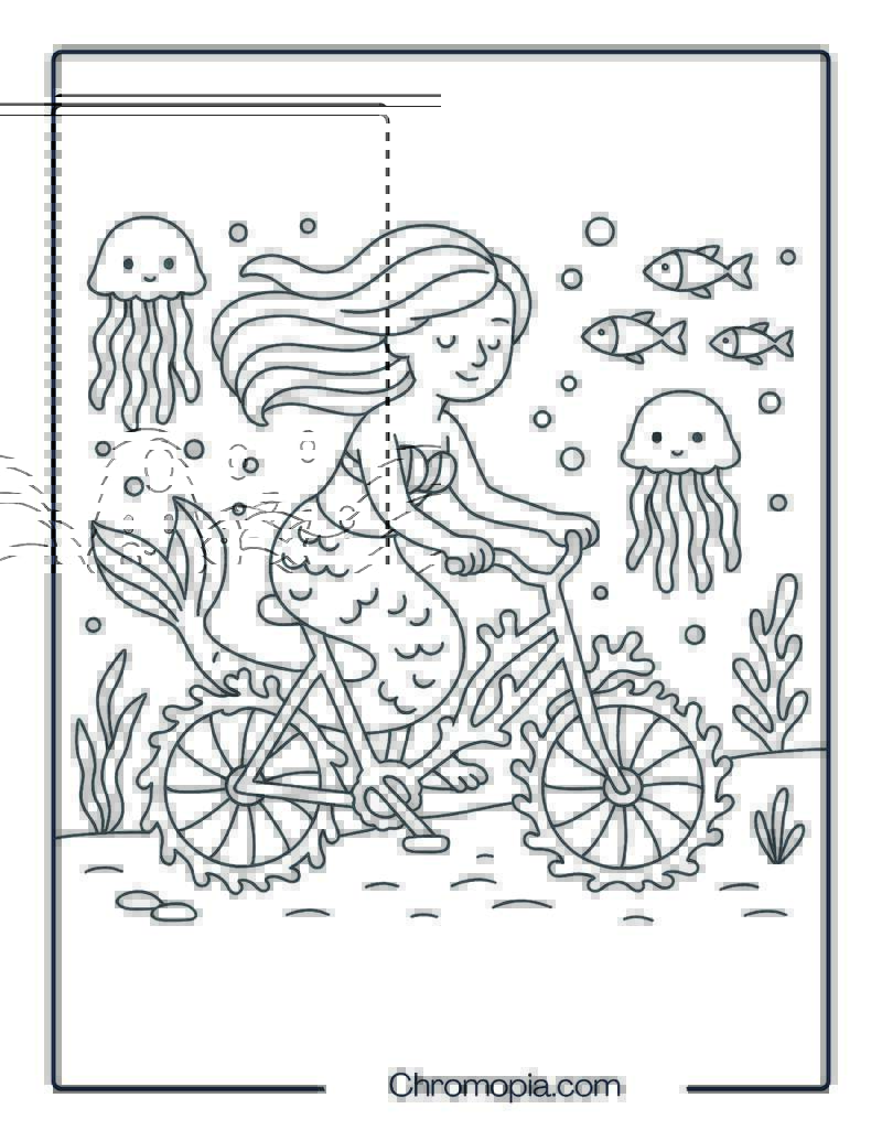 Mermaid on Coral Reef Bicycle – Bicycle Coloring Page
