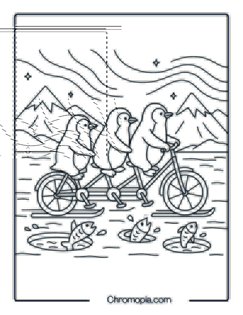 Penguin Trio on an Ice Bicycle – Bicycle Coloring Page