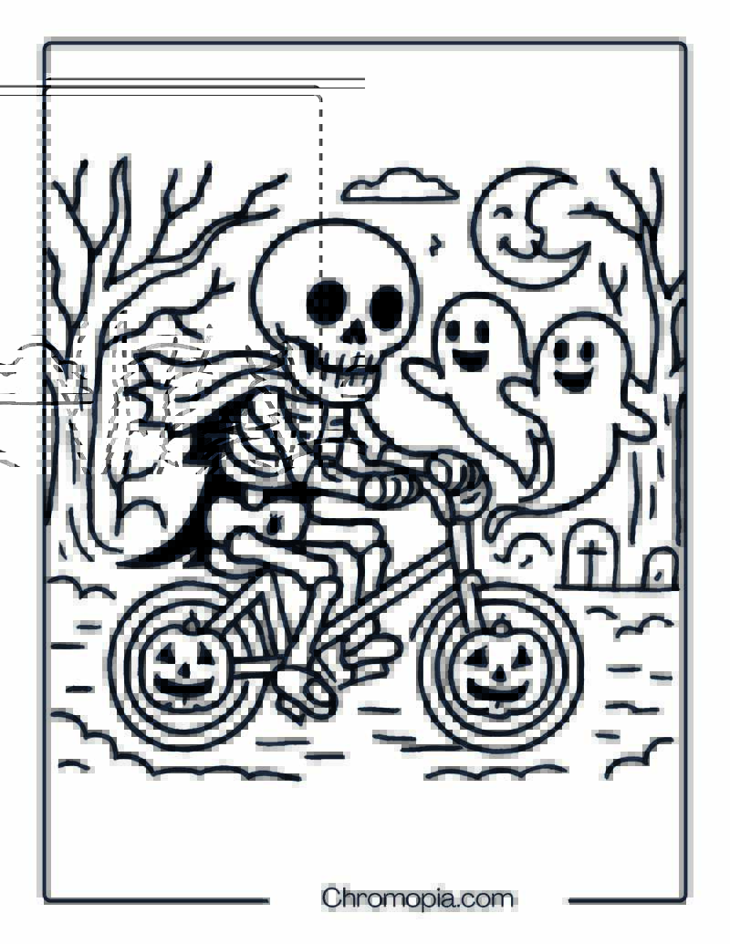 Skeleton and Ghosts on Spooky Tandem Bicycle – Bicycle Coloring Page