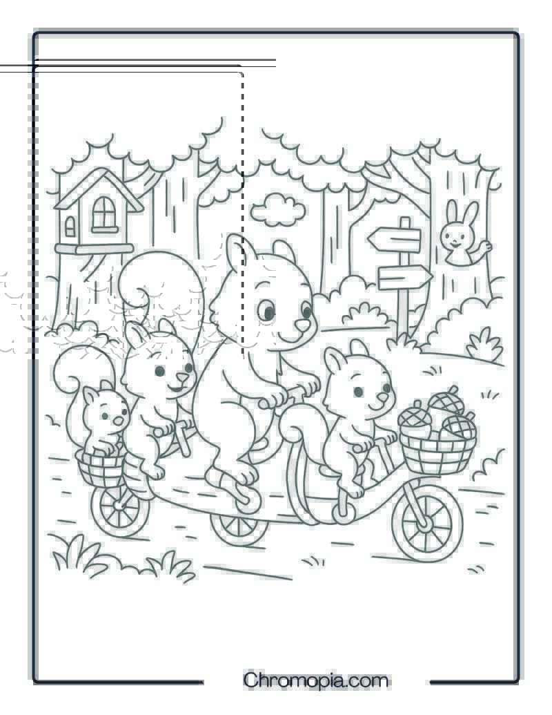 Squirrel Family on Multi-Seat Nutmobile Bicycle – Bicycle Coloring Page