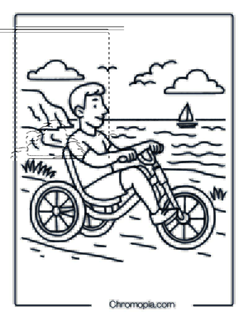 Adult Fitness Trike on Coastal Trail – Tricycle Coloring Page