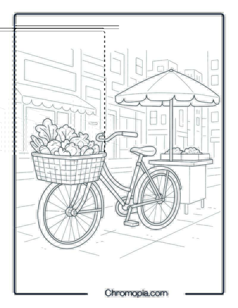 Cargo Tricycle in Urban Market – Tricycle Coloring Page