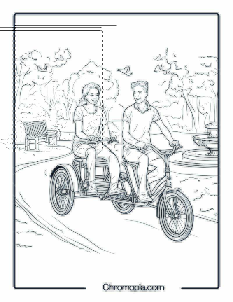 Couple Riding Vintage Tricycle in Park – Tricycle Coloring Page