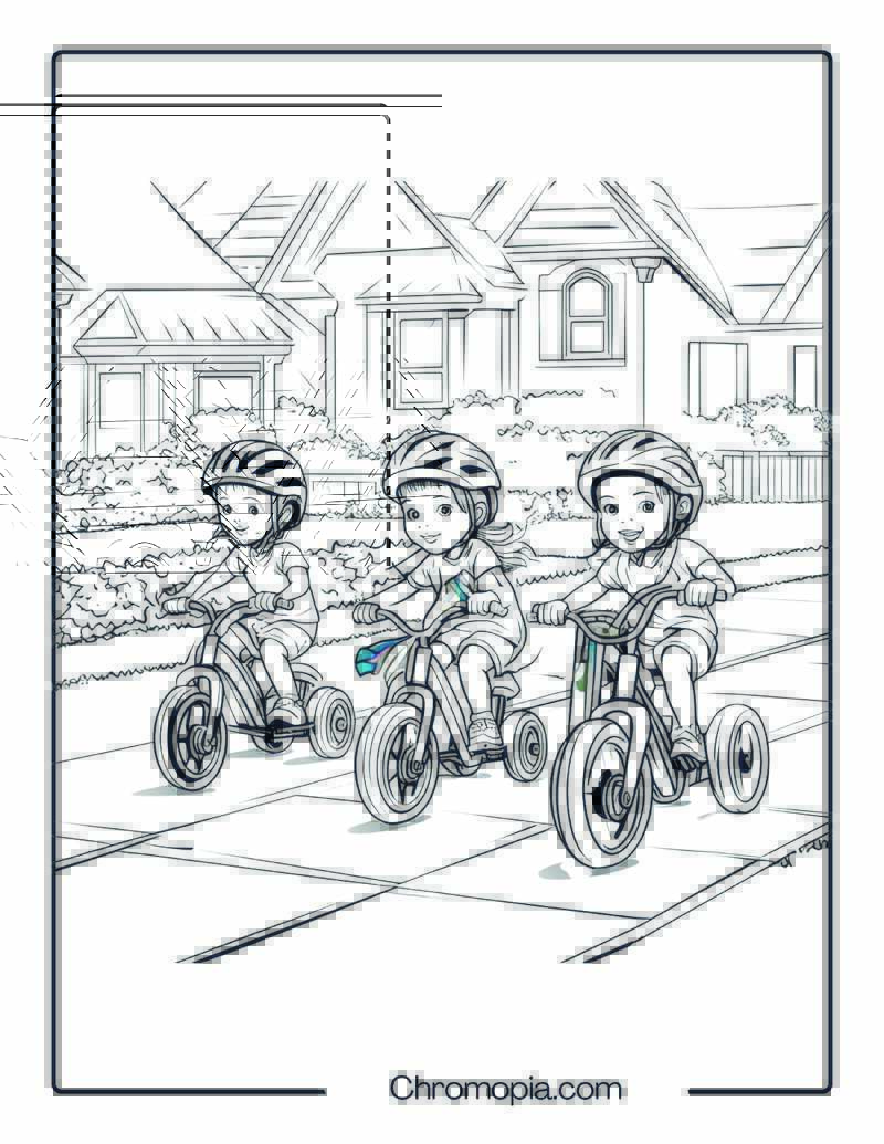 Group of Kids on Racing Tricycles – Tricycle Coloring Page