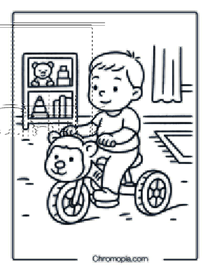 Toddler on Animal-Themed Tricycle Indoors – Tricycle Coloring Page
