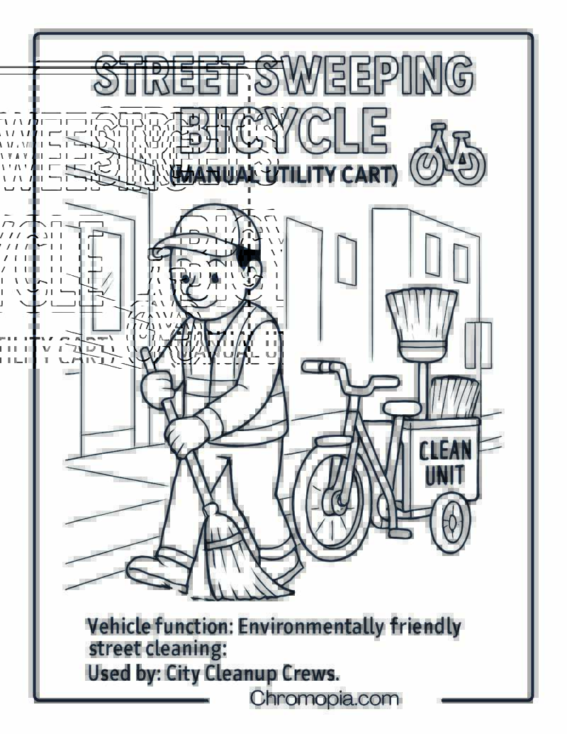 Street Sweeping Bicycle (Manual Utility Cart) – Bicycle Coloring Page