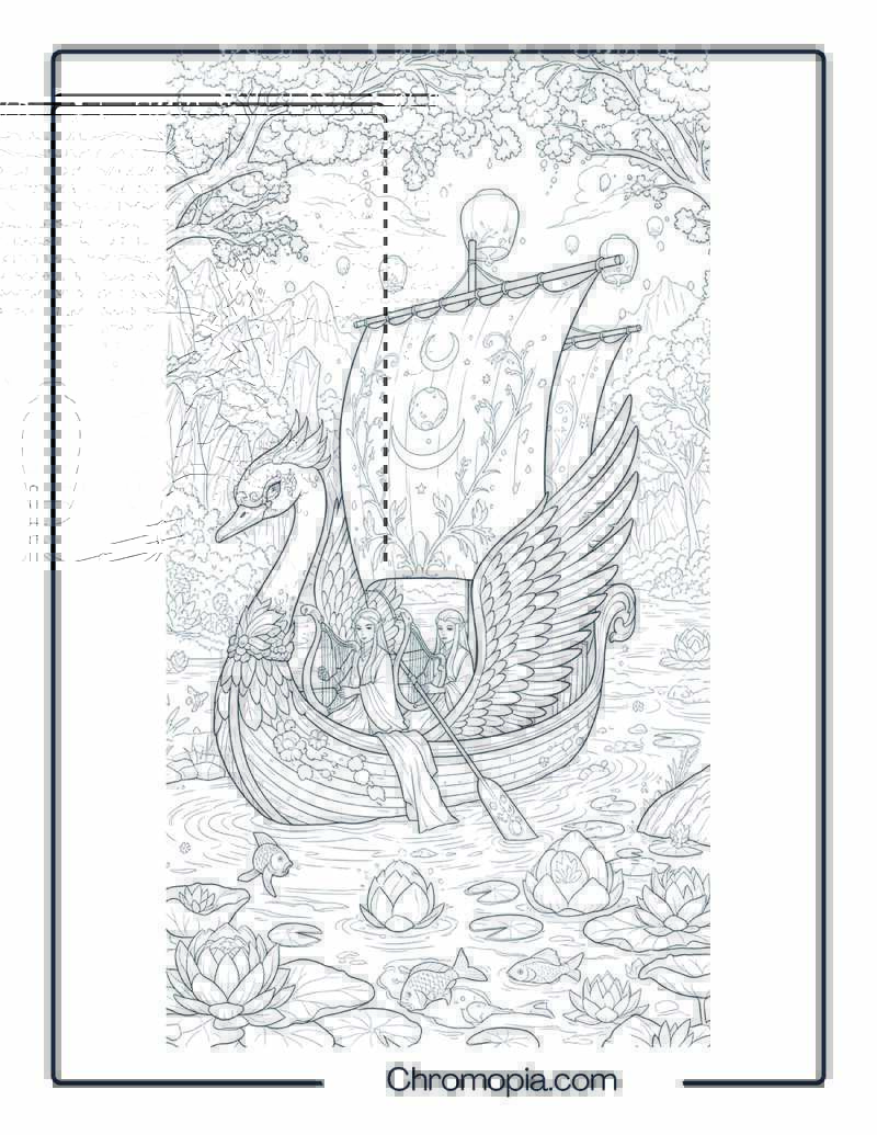 Fantasy Boat Coloring Page – Elven Swan Ship