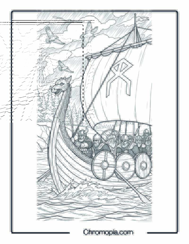 Historic Viking Boat Coloring Page – Winter Raid Voyage