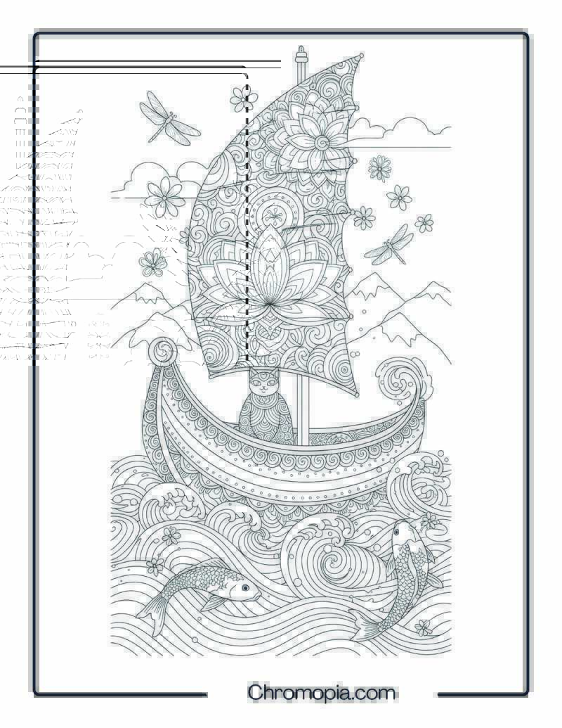 Mandala Boat Coloring Page – Lotus Sail Canoe