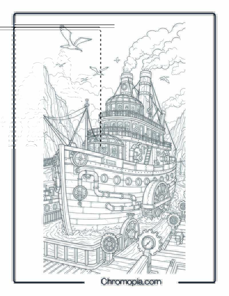 Steampunk Boat Coloring Page – Gearship on the Steam River