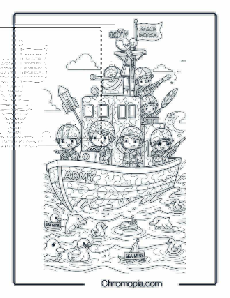 Army Boat Coloring Page – Silly Soldier Sea Patrol