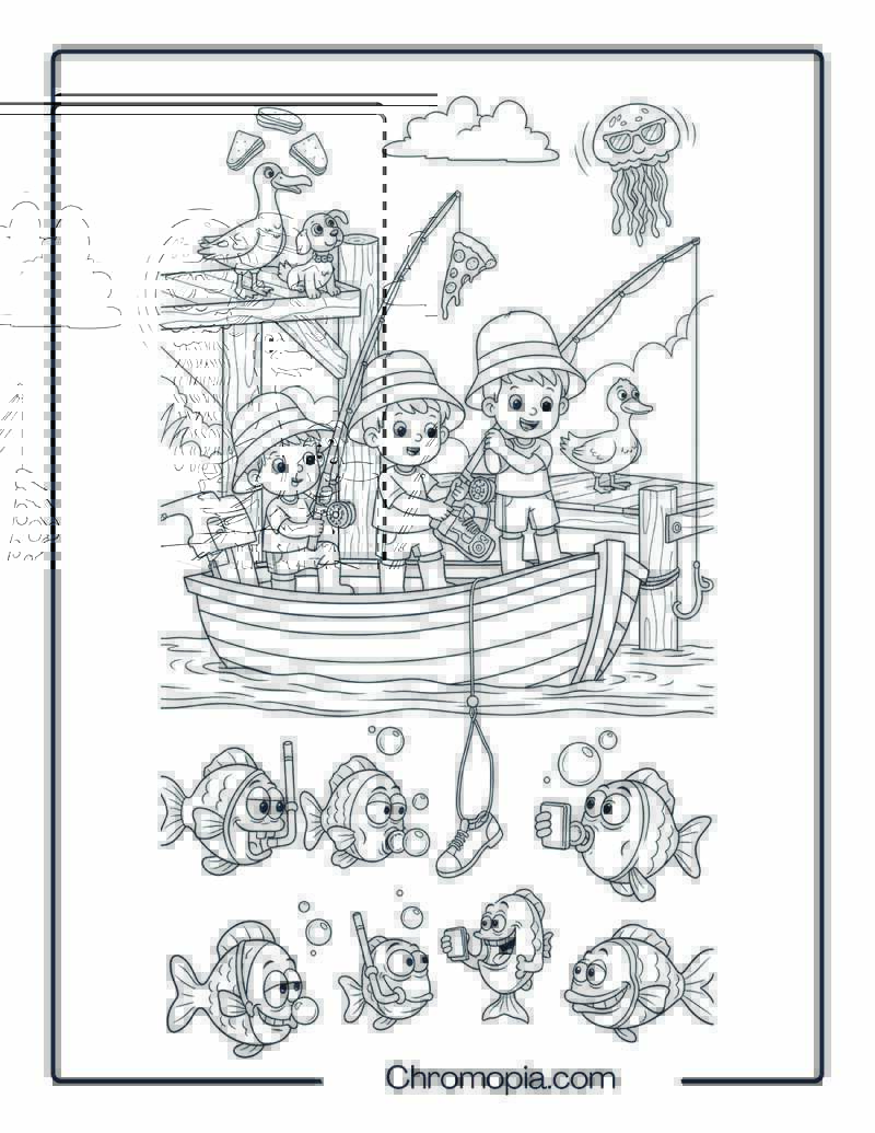 Fishing Boat Coloring Page – Goofy Dockside Fishing Fun