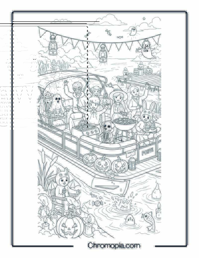 Pontoon Boat Coloring Page – Halloween Lake Party