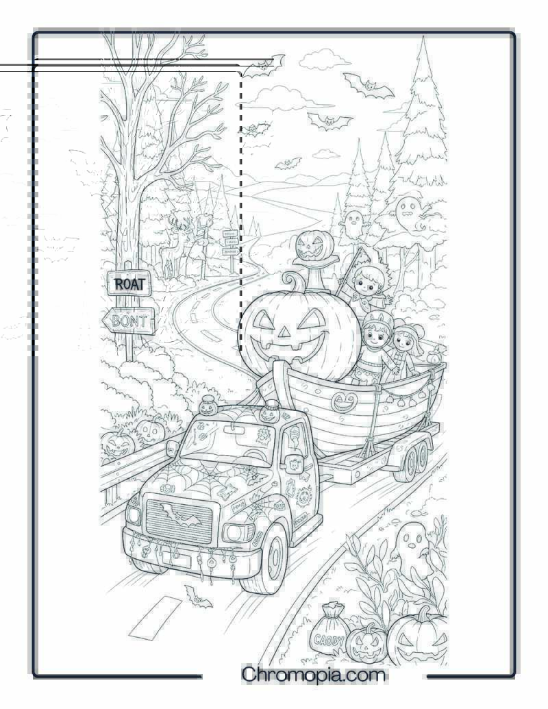 Truck and Boat Coloring Page – Halloween Road Trip