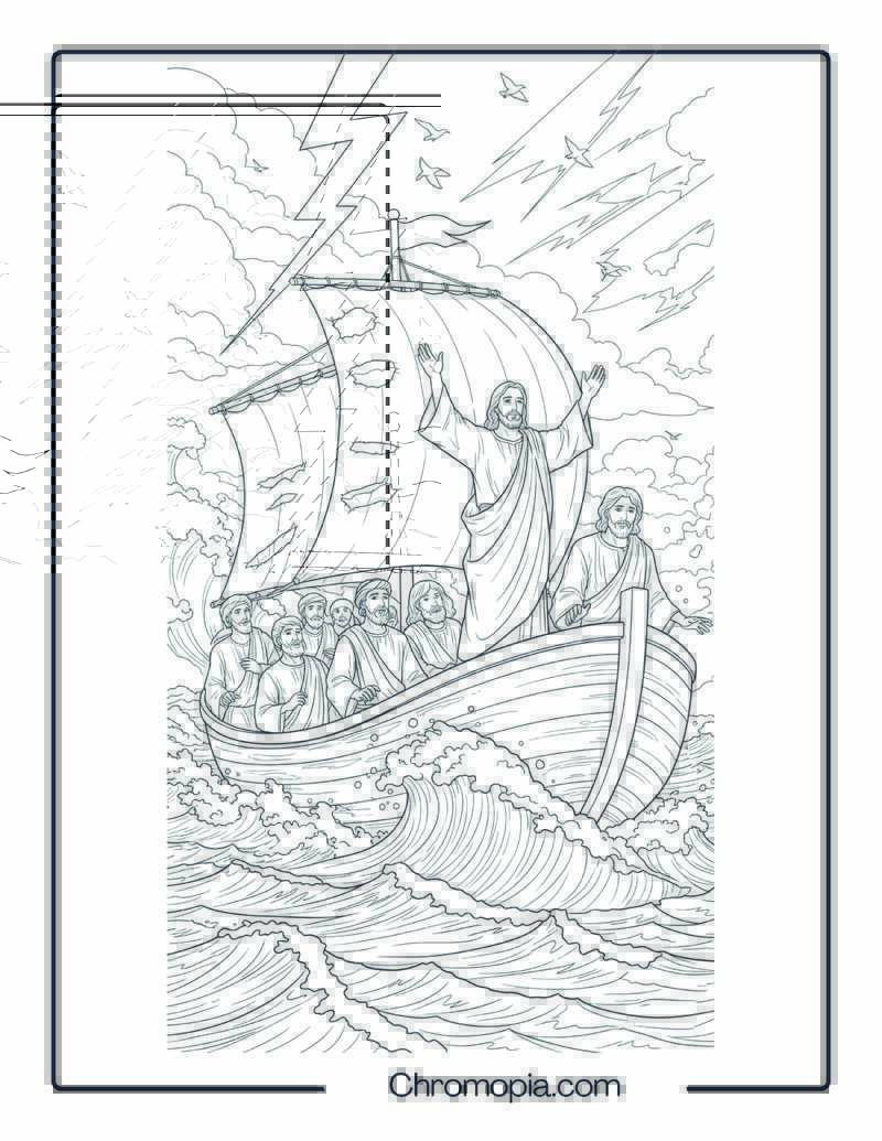 Apostles in Boat Coloring Page – Calming the Storm