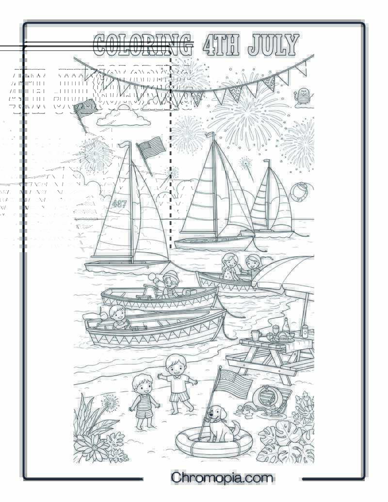 Beach and Boat Coloring Page – 4th of July Celebration