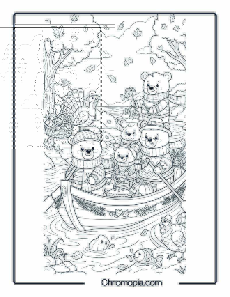 Bear in Boat Coloring Page – Thanksgiving River Picnic