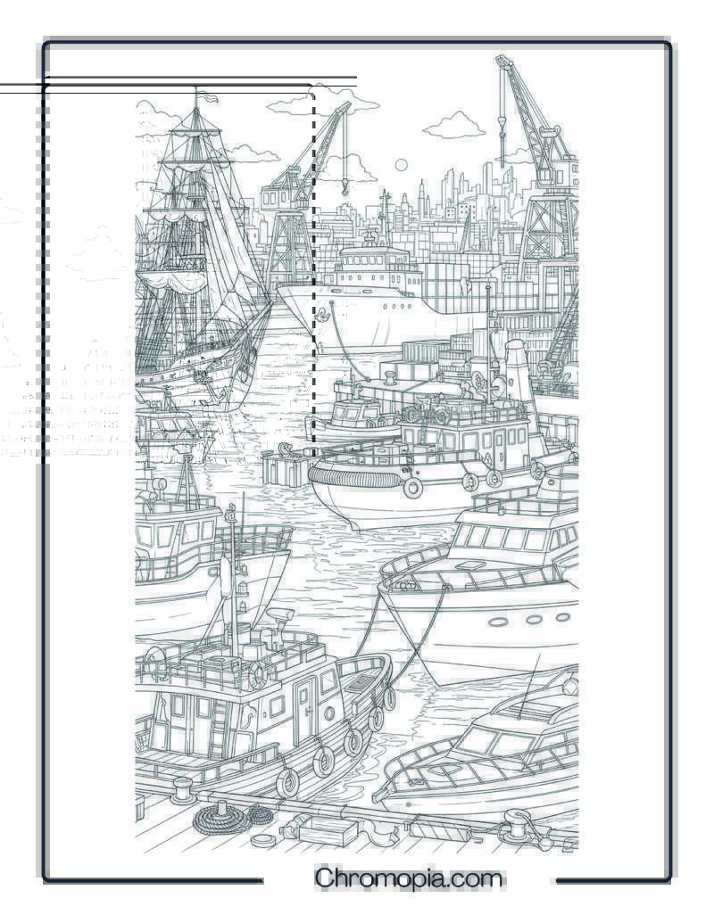 Boats and Ships Coloring Page – Harbor Complexity