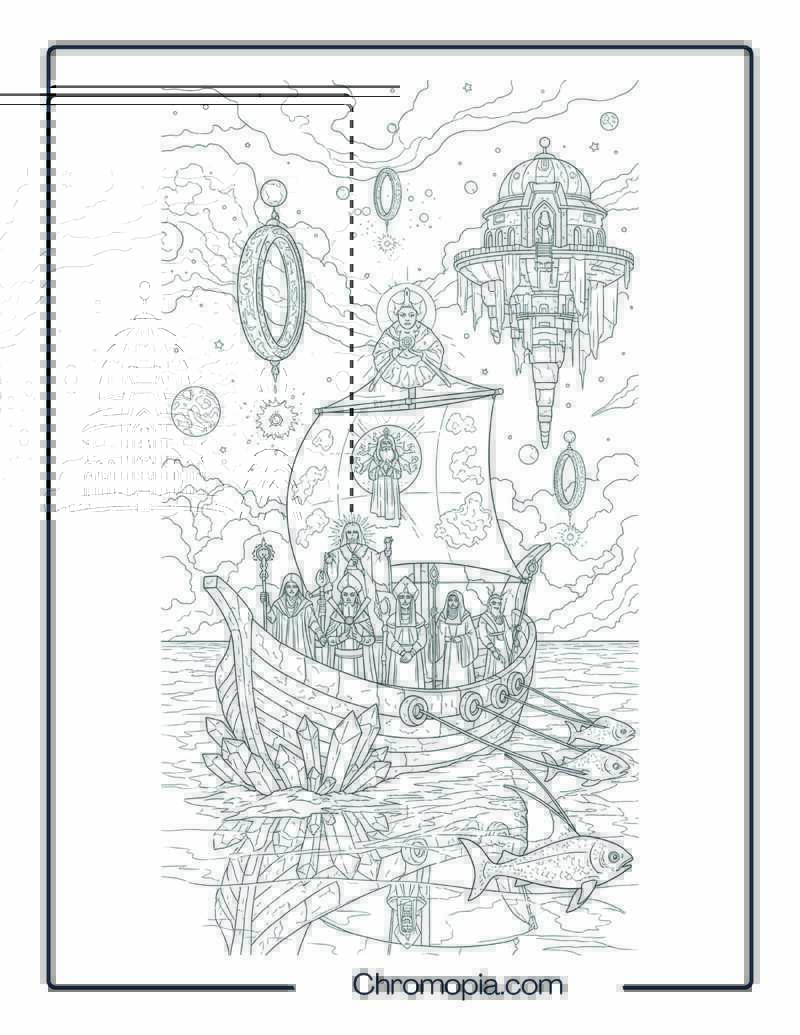 Alien Temple Boat Coloring Page – Divine Voyager