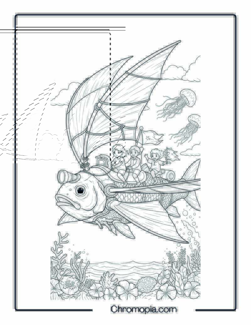 Flying Fish Boat Coloring Page – Hybrid Sky-Sea Glider