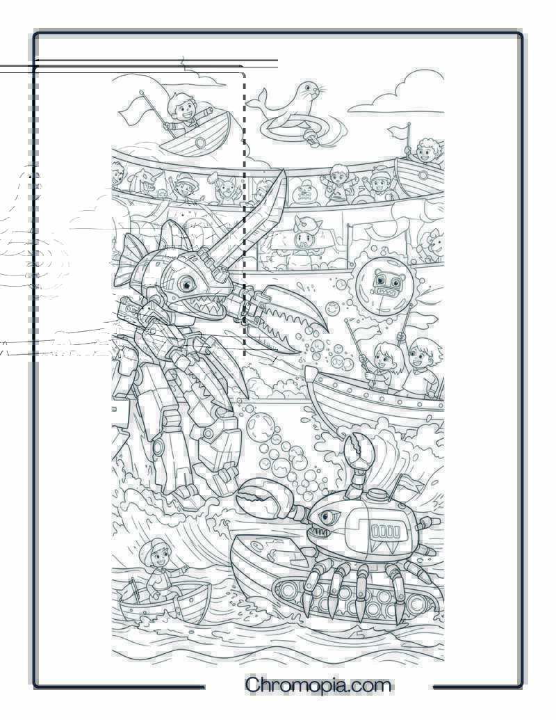 Mech Boat Arena Coloring Page – Robo Battle on the Sea