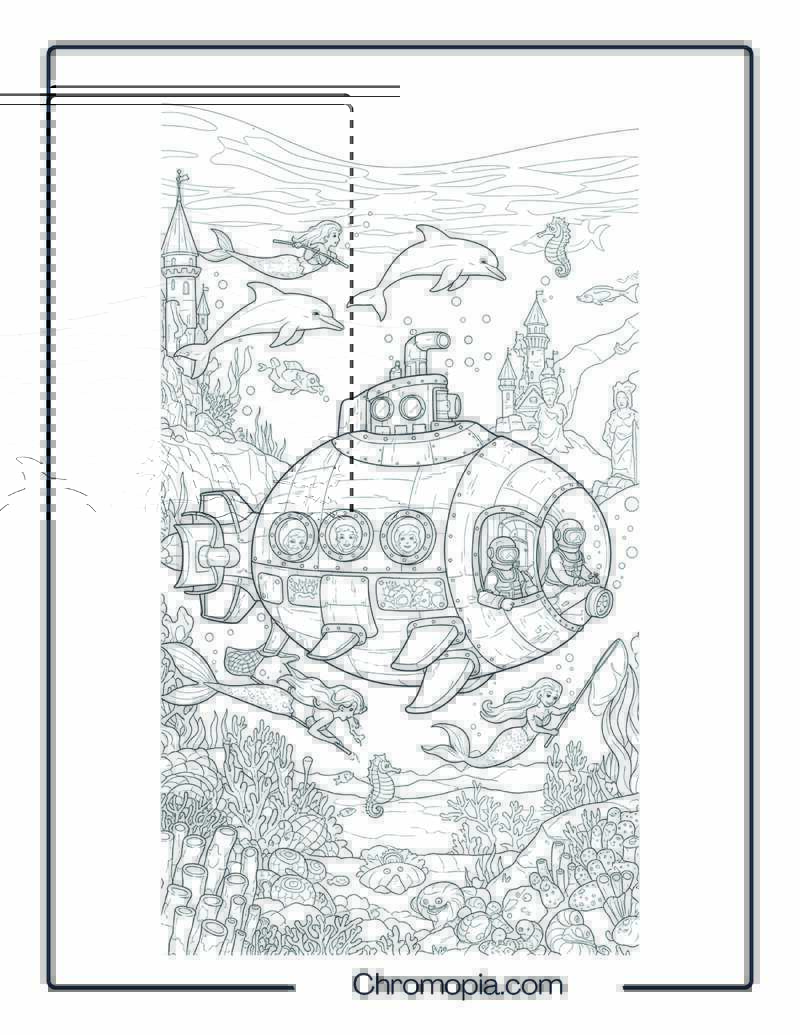 Mermaid Submarine Coloring Page – Pearled Shell Diver
