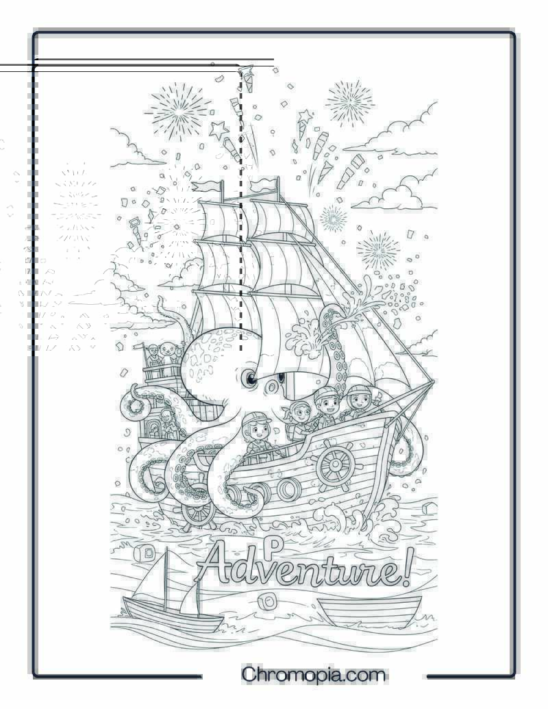 Octopus Boat Coloring Page – Ink-Powered Sailor Ship