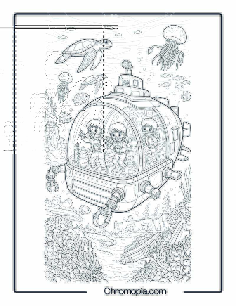 Underwater Submarine Boat Coloring Page – Coral Explorer Sub