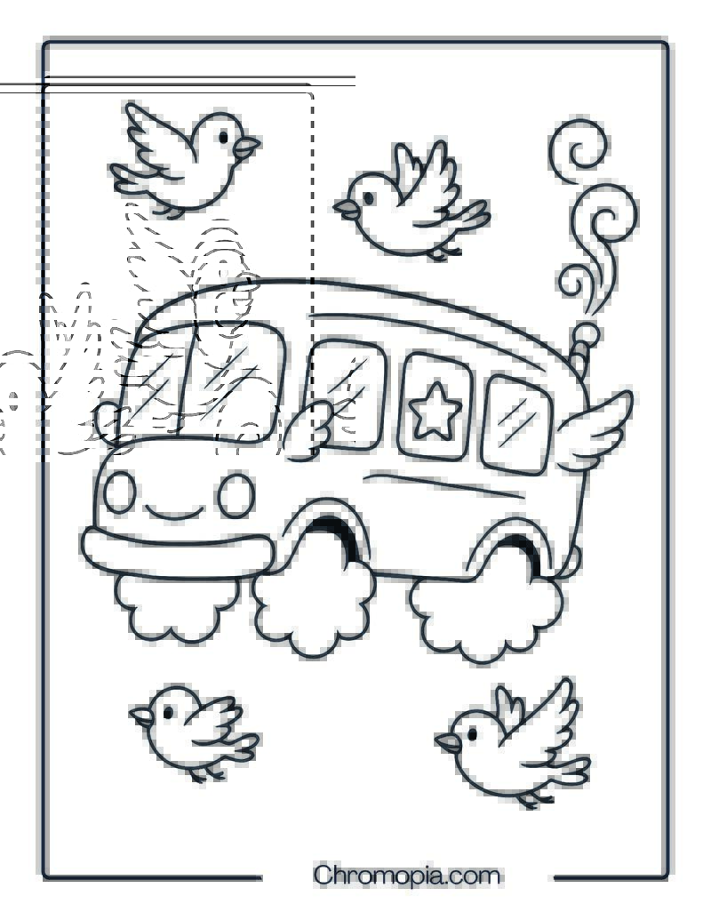 Floating Cloud Bus with Cartoon Birds – Animated Bus Clipart Coloring Page