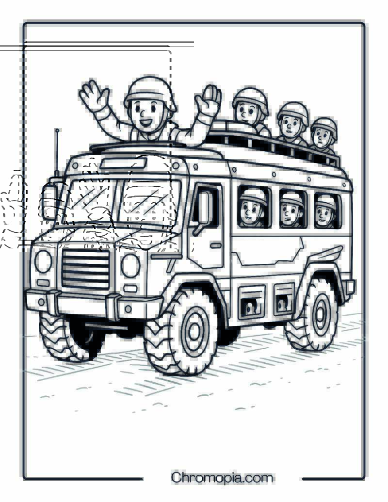 Armored Convoy Bus with Soldiers Peeking Out – Army Bus Coloring Page