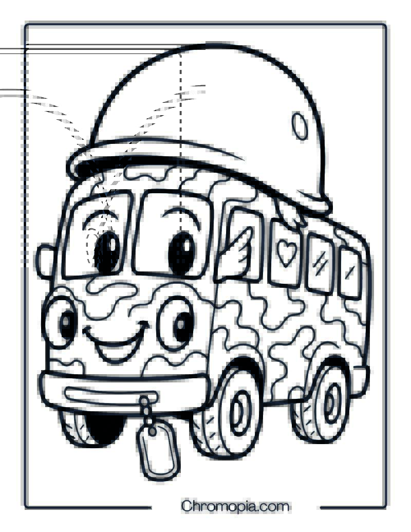 Cartoon Camouflage Army Bus with Mascot Helmet – Army Bus Coloring Page