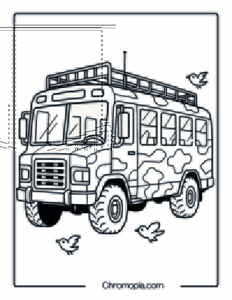 Military Troop Carrier Bus with Camouflage Panels – Army Bus Coloring Page