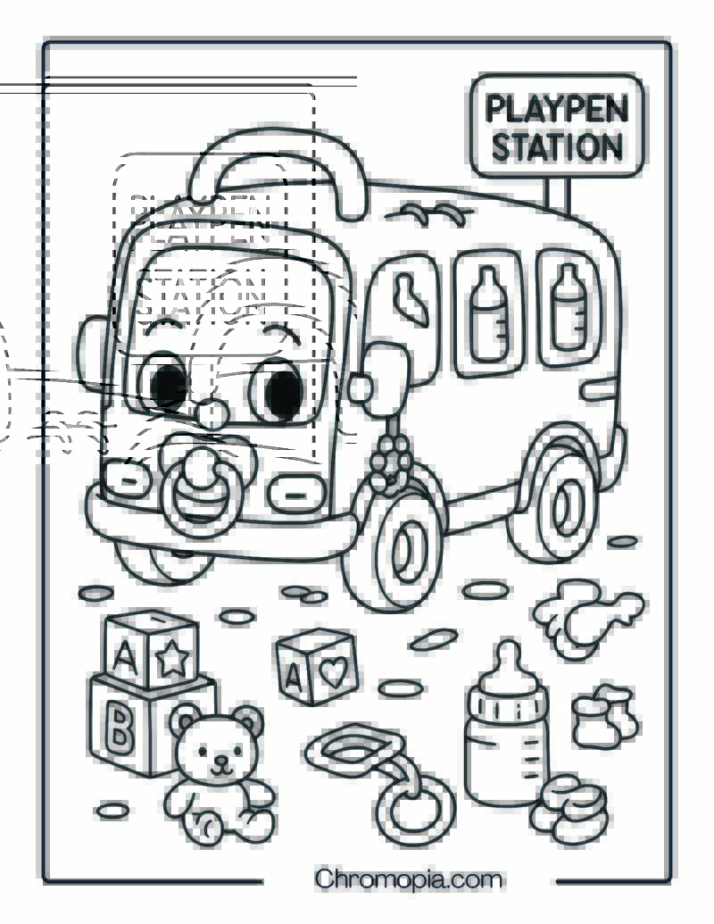 Baby Bus at Playpen Station – Baby Bus Cartoon Coloring Page