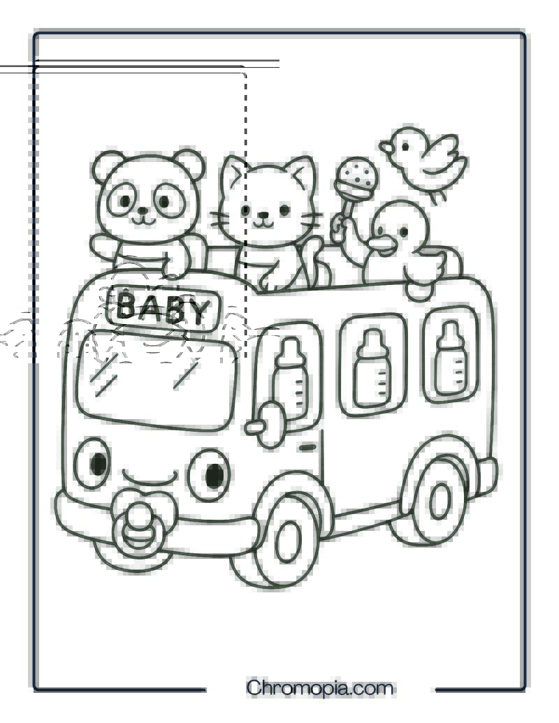 Baby Bus with Baby Animals Peeking Out – Baby Bus Cartoon Coloring Page