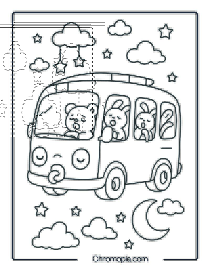 Sleepy Baby Bus Driving Through Night Sky – Baby Bus Cartoon Coloring Page
