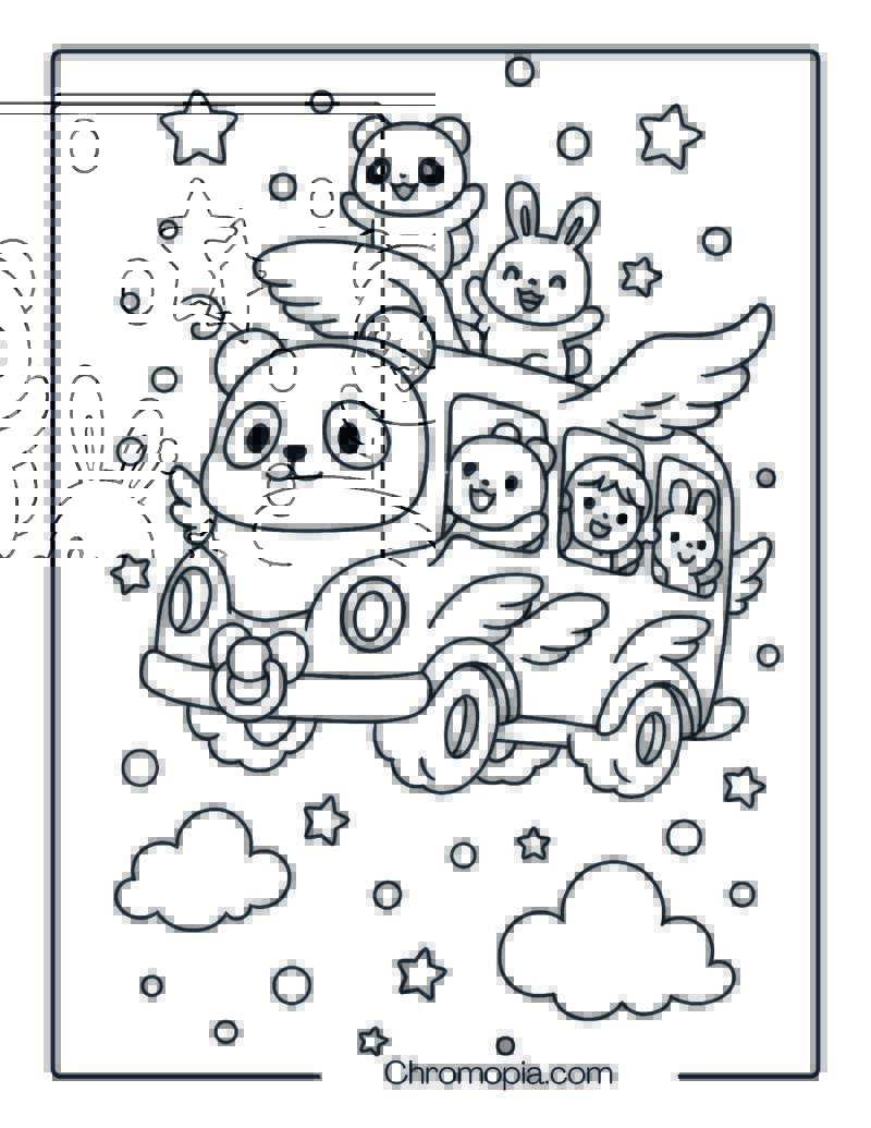 Flying Baby Panda Bus with Wings – Baby Bus Panda Coloring Page